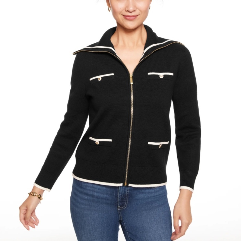 Talbots Womens Navy Blue Tipped Nautical Cardigan Size Medium Sailor Collar